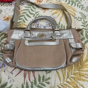 Stylish Beige and Silver Tory Burch Women's Bag